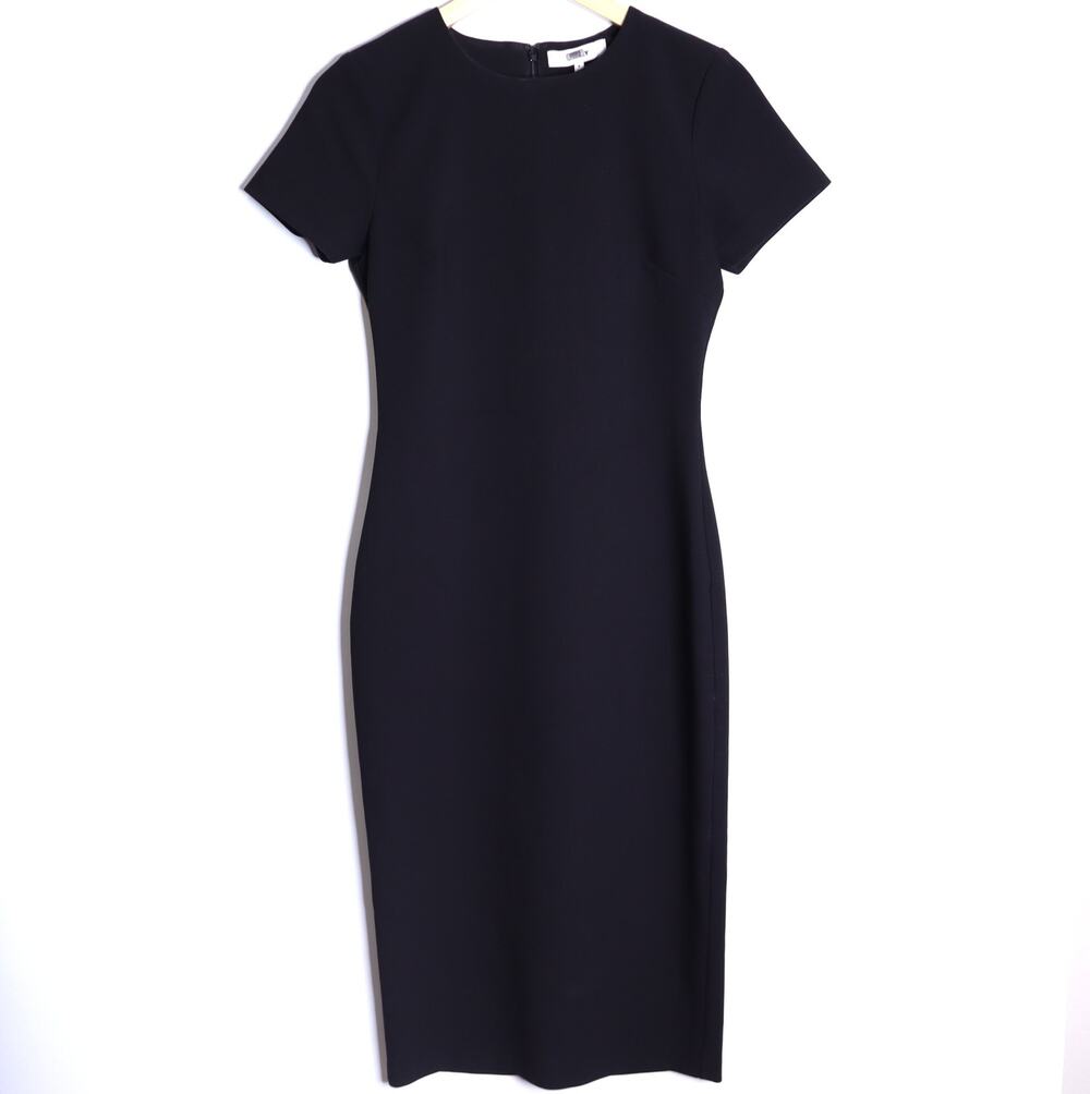 MILLY Short Sleeve Midi Sheath Dress Black Fitted High Neck Women's 4